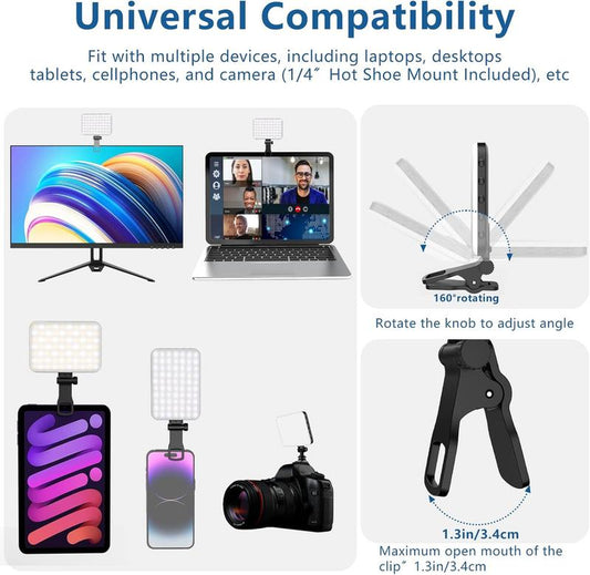 60 LED Portable Selfie Light for Video Conferencing – Rechargeable 2200Mah, CRI 97+, 3 Light Modes, Clip & Tripod Adapter – Compatible with Iphone, Webcam, Ideal for Photos & Makeup Cellphone Smartphone