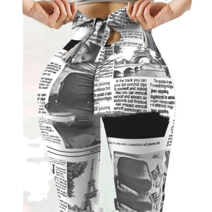 Printed Bow Belt Yoga Pants Women